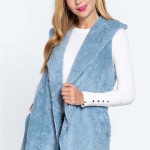 SBS Fashion Blue Fuzzy Shawl Collar Open Hooded Vest, Polyester, Size Small, New